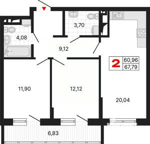 2-к квартира, вторичка, 68м2, 4/25 этаж