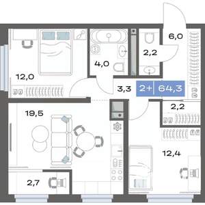 2-к квартира, вторичка, 64м2, 6/17 этаж