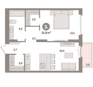 1-к квартира, вторичка, 52м2, 14/16 этаж
