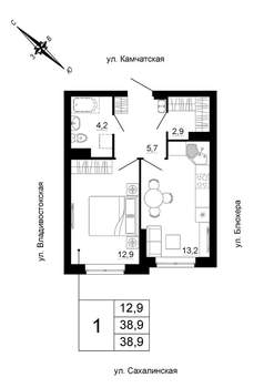 1-к квартира, вторичка, 39м2, 12/24 этаж