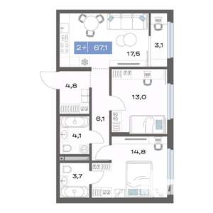 2-к квартира, строящийся дом, 67м2, 10/17 этаж