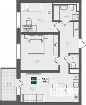 2-к квартира, строящийся дом, 69м2, 2/4 этаж