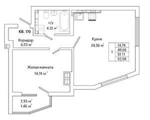 1-к квартира, строящийся дом, 51м2, 19/25 этаж