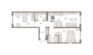 2-к квартира, вторичка, 70м2, 4/8 этаж