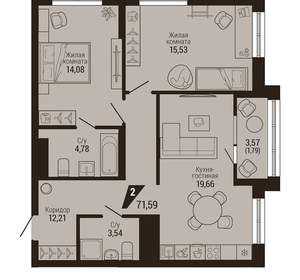 2-к квартира, вторичка, 72м2, 19/23 этаж