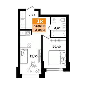 1-к квартира, строящийся дом, 34м2, 2/23 этаж