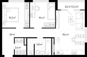 2-к квартира, строящийся дом, 59м2, 12/24 этаж