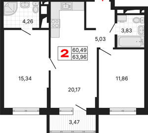 2-к квартира, вторичка, 64м2, 8/25 этаж