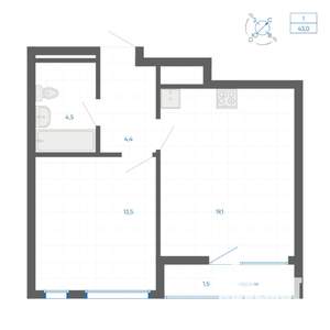 1-к квартира, вторичка, 43м2, 8/15 этаж