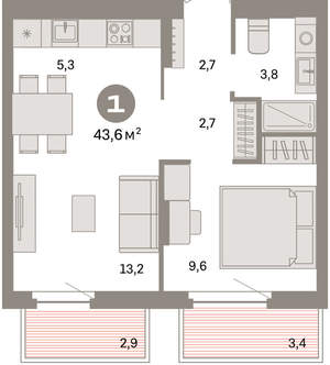 1-к квартира, вторичка, 44м2, 4/16 этаж
