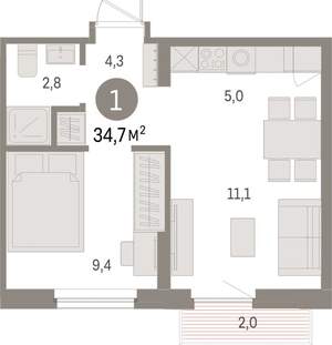 1-к квартира, вторичка, 35м2, 7/9 этаж