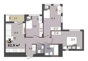 3-к квартира, вторичка, 63м2, 5/19 этаж