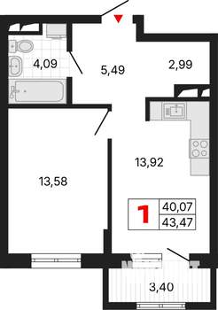 1-к квартира, вторичка, 43м2, 3/25 этаж