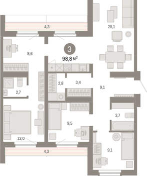 3-к квартира, вторичка, 99м2, 9/9 этаж