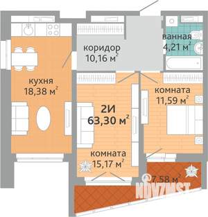 2-к квартира, строящийся дом, 63м2, 21/24 этаж
