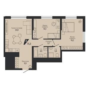 2-к квартира, вторичка, 75м2, 20/30 этаж