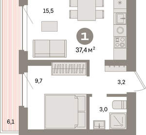 1-к квартира, вторичка, 37м2, 8/16 этаж