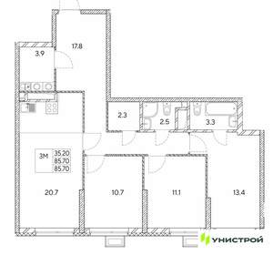 3-к квартира, вторичка, 86м2, 20/30 этаж
