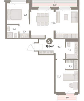 2-к квартира, вторичка, 80м2, 8/9 этаж