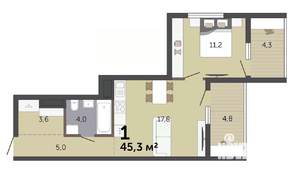 1-к квартира, строящийся дом, 45м2, 4/19 этаж