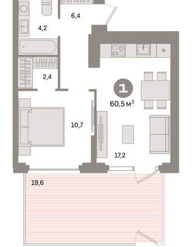 1-к квартира, вторичка, 61м2, 1/9 этаж