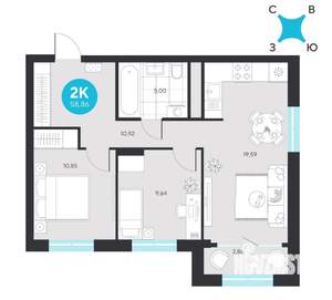 2-к квартира, вторичка, 59м2, 13/22 этаж