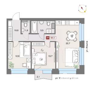 2-к квартира, вторичка, 67м2, 5/8 этаж