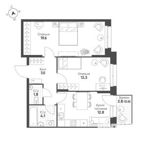 2-к квартира, вторичка, 58м2, 2/16 этаж