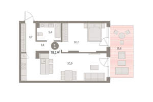 1-к квартира, вторичка, 78м2, 1/16 этаж