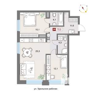 2-к квартира, строящийся дом, 73м2, 3/8 этаж
