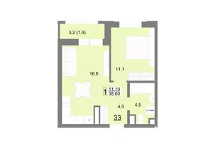 1-к квартира, строящийся дом, 39м2, 12/26 этаж