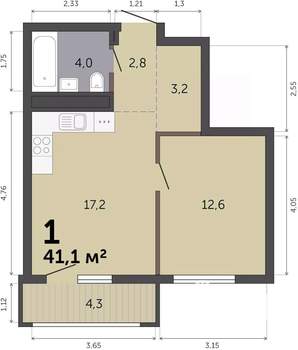 1-к квартира, строящийся дом, 41м2, 19/19 этаж