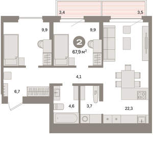 2-к квартира, вторичка, 68м2, 5/16 этаж