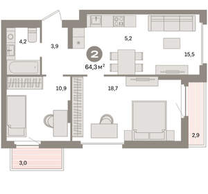 2-к квартира, вторичка, 64м2, 2/16 этаж