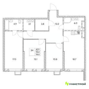 3-к квартира, вторичка, 94м2, 26/31 этаж