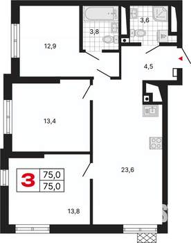 3-к квартира, вторичка, 76м2, 17/29 этаж