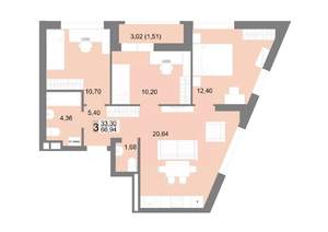 3-к квартира, строящийся дом, 67м2, 8/22 этаж
