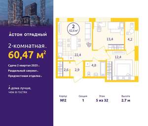 2-к квартира, сданный дом, 60м2, 5/9 этаж