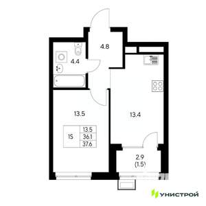 1-к квартира, вторичка, 38м2, 18/31 этаж