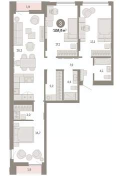 3-к квартира, вторичка, 107м2, 7/16 этаж