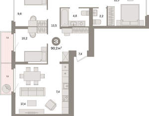 3-к квартира, вторичка, 90м2, 9/16 этаж