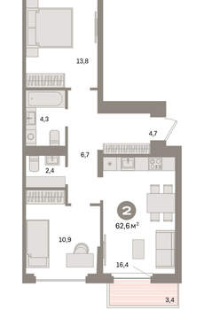 2-к квартира, вторичка, 63м2, 6/16 этаж