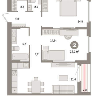 2-к квартира, вторичка, 73м2, 6/16 этаж