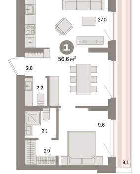 1-к квартира, вторичка, 57м2, 7/16 этаж