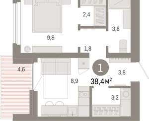 1-к квартира, вторичка, 38м2, 8/9 этаж
