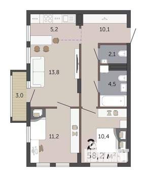 2-к квартира, вторичка, 58м2, 3/19 этаж