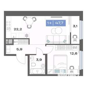 1-к квартира, строящийся дом, 48м2, 9/17 этаж
