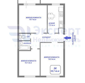 3-к квартира, вторичка, 59м2, 3/5 этаж