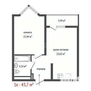 1-к квартира, вторичка, 44м2, 7/19 этаж