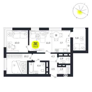 3-к квартира, вторичка, 57м2, 19/27 этаж